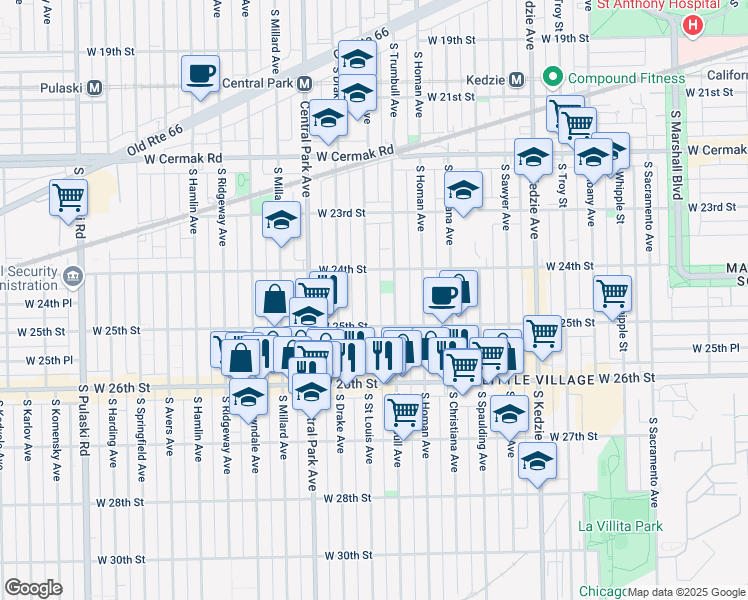 map of restaurants, bars, coffee shops, grocery stores, and more near 2430 South Saint Louis Avenue in Chicago