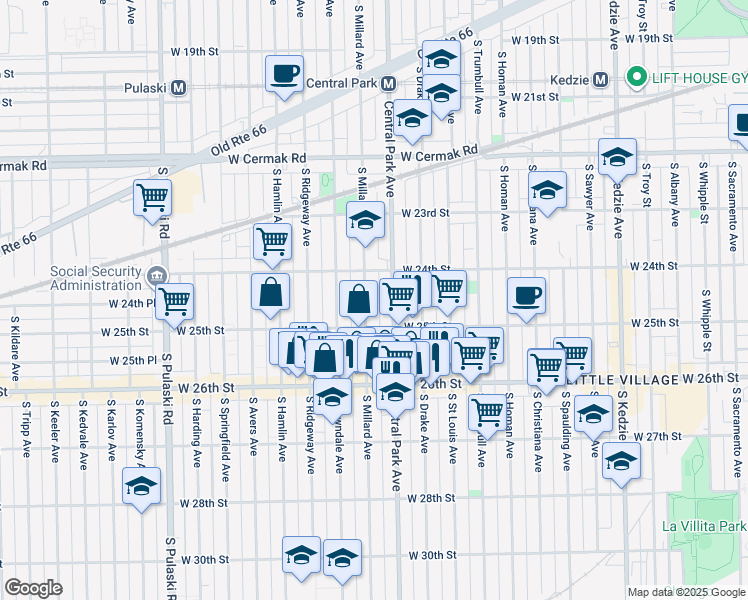 map of restaurants, bars, coffee shops, grocery stores, and more near 2437 South Millard Avenue in Chicago