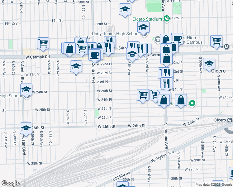 map of restaurants, bars, coffee shops, grocery stores, and more near 5427 24th Street in Cicero