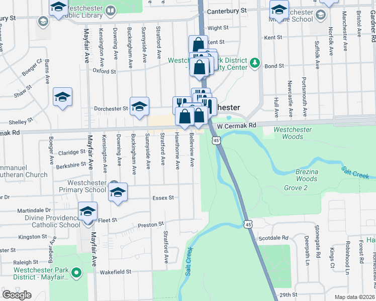 map of restaurants, bars, coffee shops, grocery stores, and more near 2257 Hawthorne Avenue in Westchester