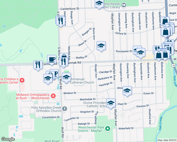 map of restaurants, bars, coffee shops, grocery stores, and more near 2227 Sherwood Avenue in Westchester