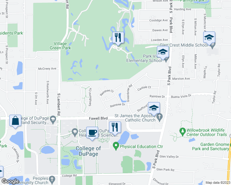 map of restaurants, bars, coffee shops, grocery stores, and more near 476 Raintree Court in Glen Ellyn