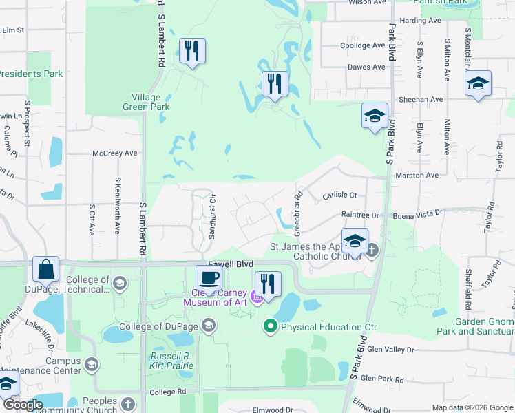 map of restaurants, bars, coffee shops, grocery stores, and more near 461 Raintree Court in Glen Ellyn