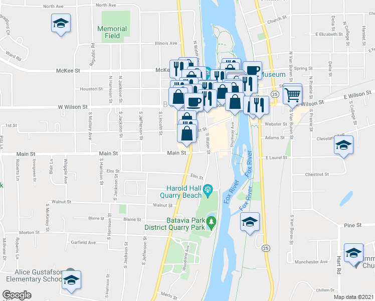 map of restaurants, bars, coffee shops, grocery stores, and more near in Batavia