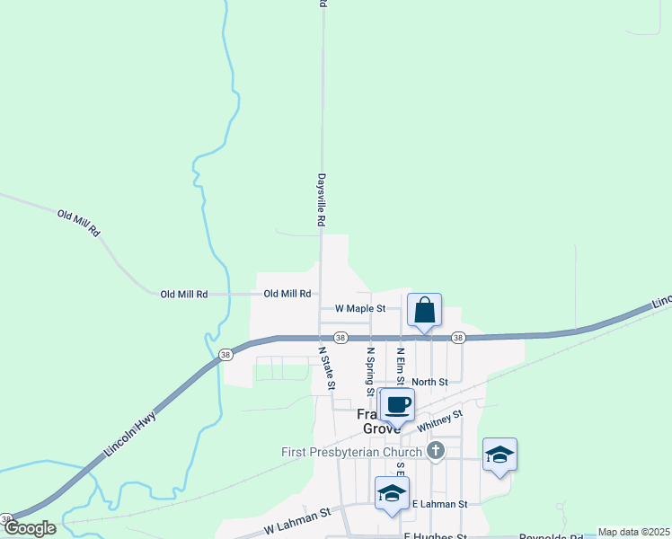 map of restaurants, bars, coffee shops, grocery stores, and more near 510 North State Street in Franklin Grove