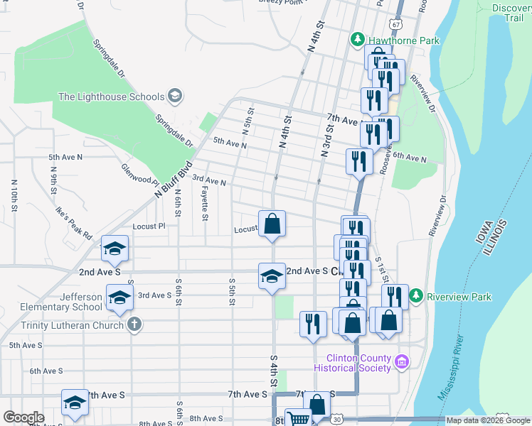 map of restaurants, bars, coffee shops, grocery stores, and more near 136-198 N 4th St in Clinton