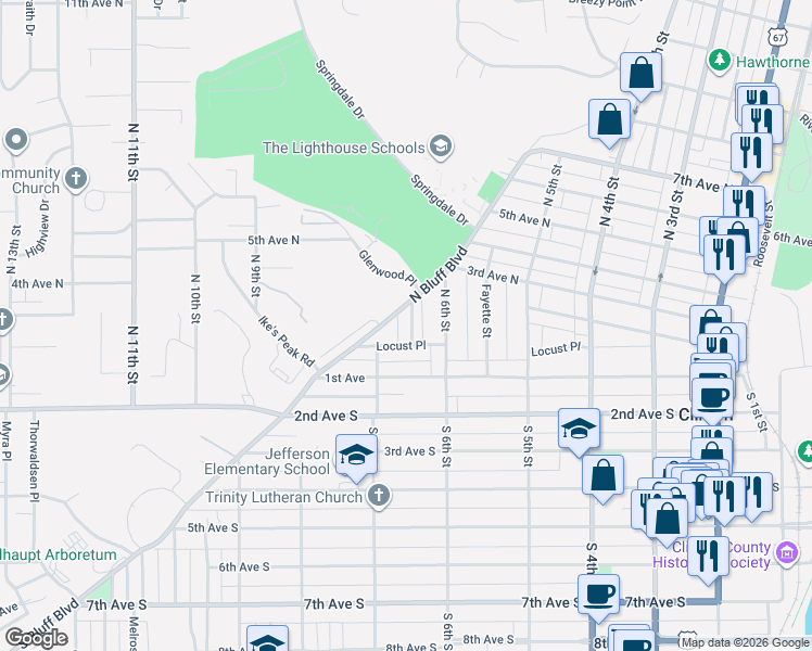 map of restaurants, bars, coffee shops, grocery stores, and more near 227 North Bluff Boulevard in Clinton