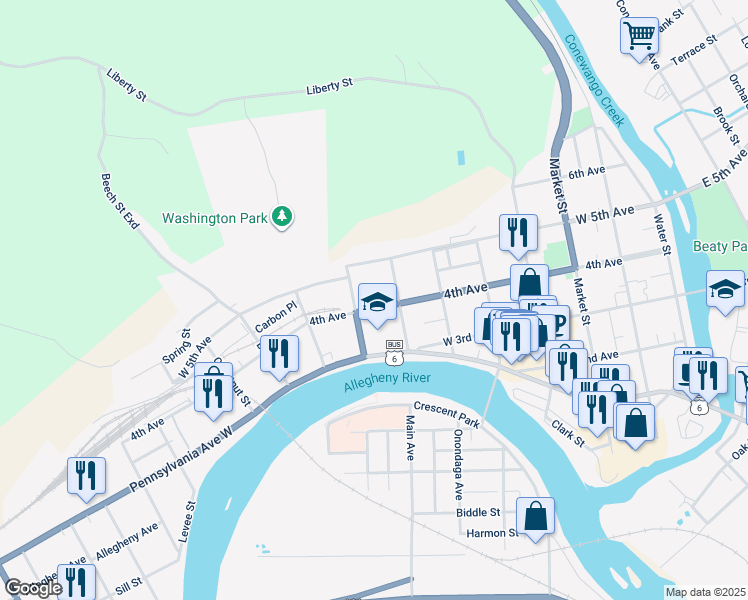 map of restaurants, bars, coffee shops, grocery stores, and more near 612 4th Avenue in Warren