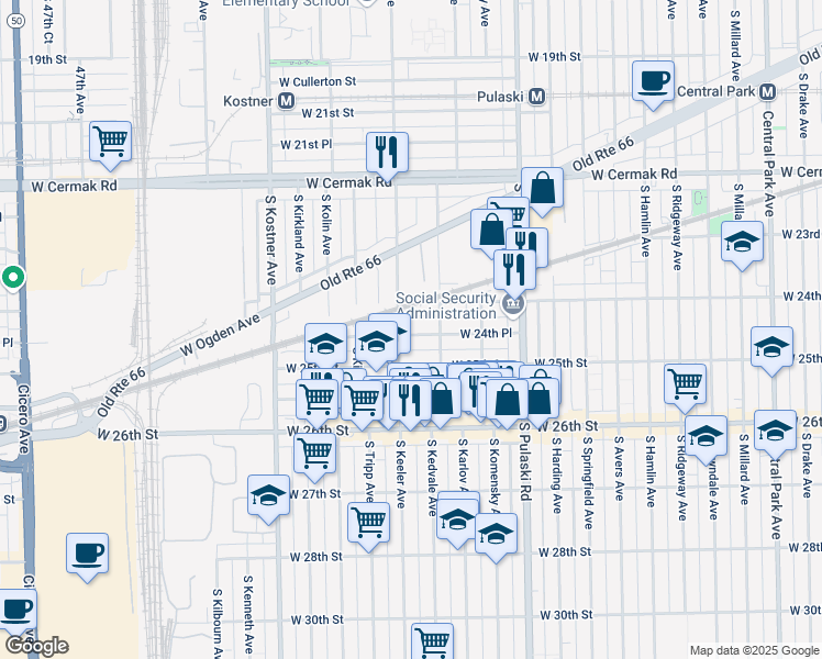 map of restaurants, bars, coffee shops, grocery stores, and more near 4170 West 24th Place in Chicago