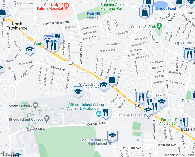 map of restaurants, bars, coffee shops, grocery stores, and more near 1304 Smith Street in Providence