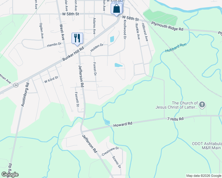 map of restaurants, bars, coffee shops, grocery stores, and more near 664 Talltrees Drive in Ashtabula