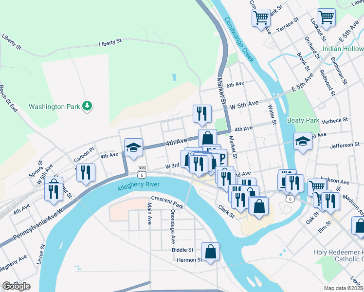 map of restaurants, bars, coffee shops, grocery stores, and more near 341 Hickory St in Warren