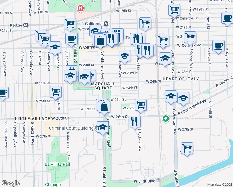 map of restaurants, bars, coffee shops, grocery stores, and more near 2713 West 24th Place in Chicago
