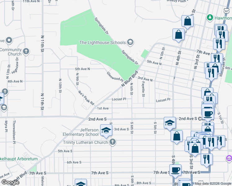 map of restaurants, bars, coffee shops, grocery stores, and more near 227 North Bluff Boulevard in Clinton