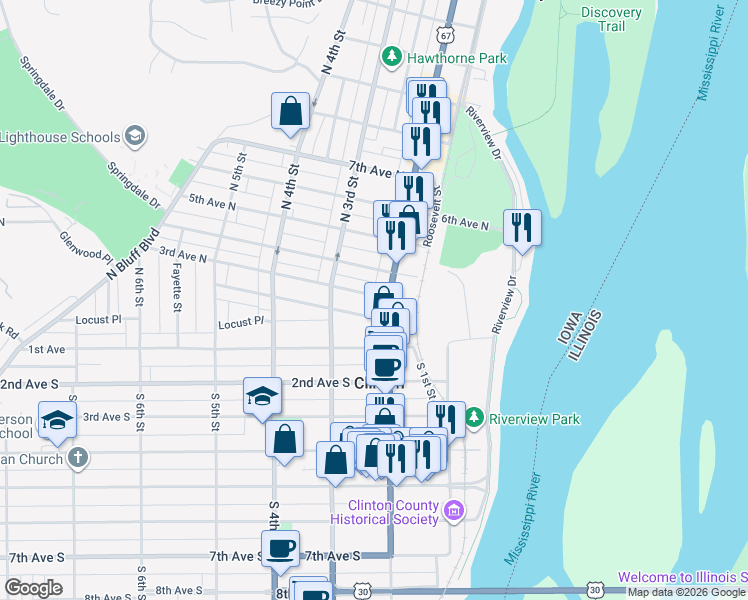 map of restaurants, bars, coffee shops, grocery stores, and more near 211 3rd Avenue North in Clinton