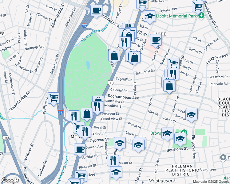 map of restaurants, bars, coffee shops, grocery stores, and more near 148 Colonial Road in Providence