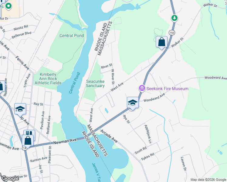 map of restaurants, bars, coffee shops, grocery stores, and more near 167 West Avenue in Seekonk