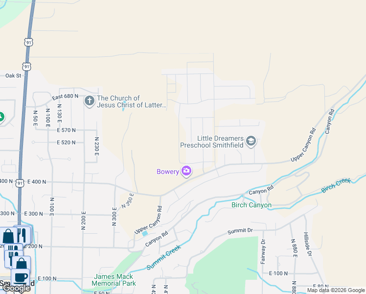 map of restaurants, bars, coffee shops, grocery stores, and more near 541 North 540 East in Smithfield