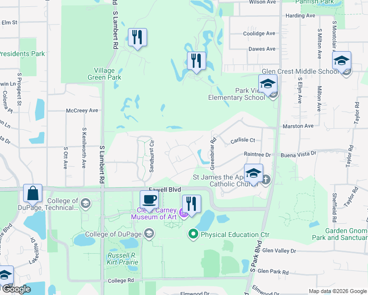 map of restaurants, bars, coffee shops, grocery stores, and more near 461 Raintree Court in Glen Ellyn
