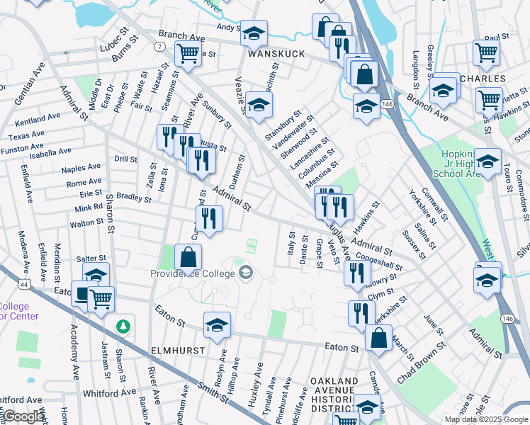 map of restaurants, bars, coffee shops, grocery stores, and more near 511 Admiral Street in Providence