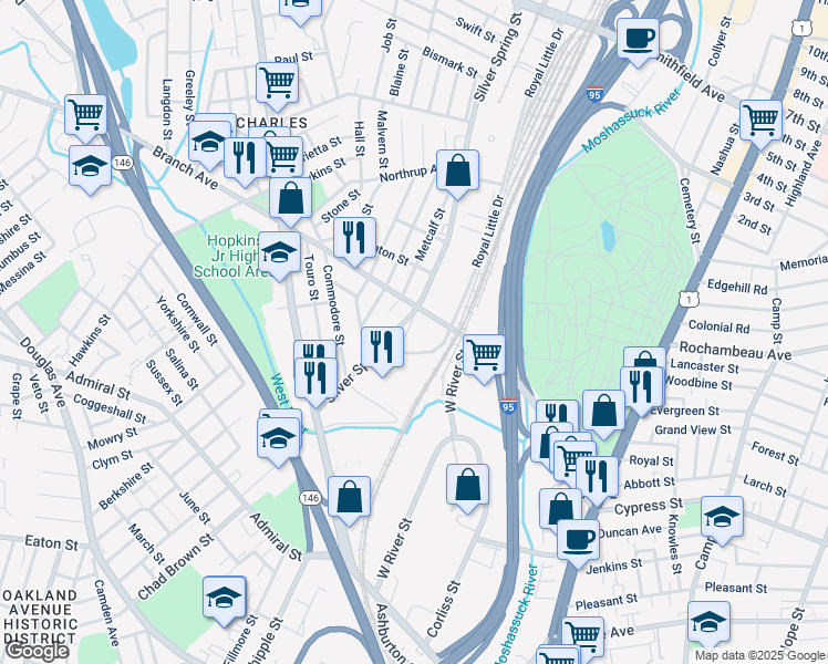 map of restaurants, bars, coffee shops, grocery stores, and more near 30 Royal Little Drive in Providence