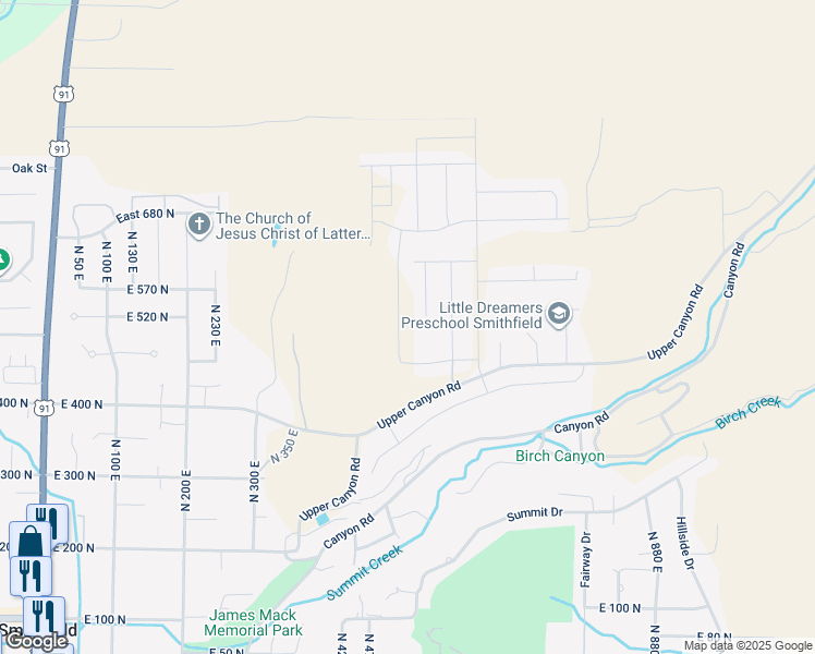 map of restaurants, bars, coffee shops, grocery stores, and more near 536 North 510 East in Smithfield