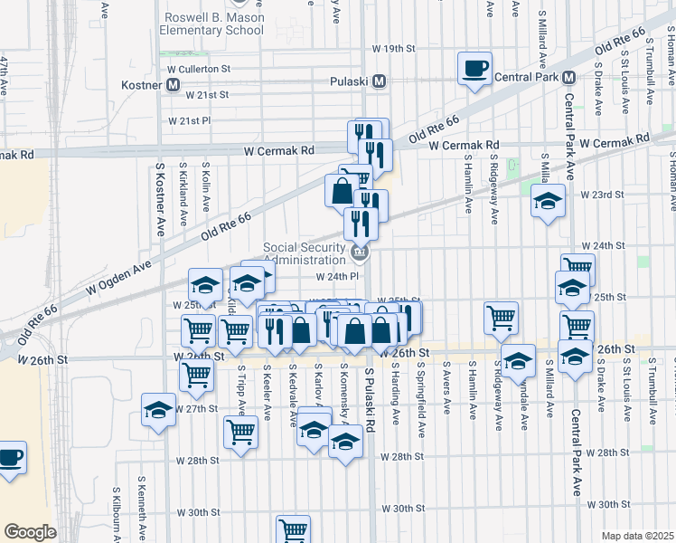 map of restaurants, bars, coffee shops, grocery stores, and more near 2425 South Karlov Avenue in Chicago