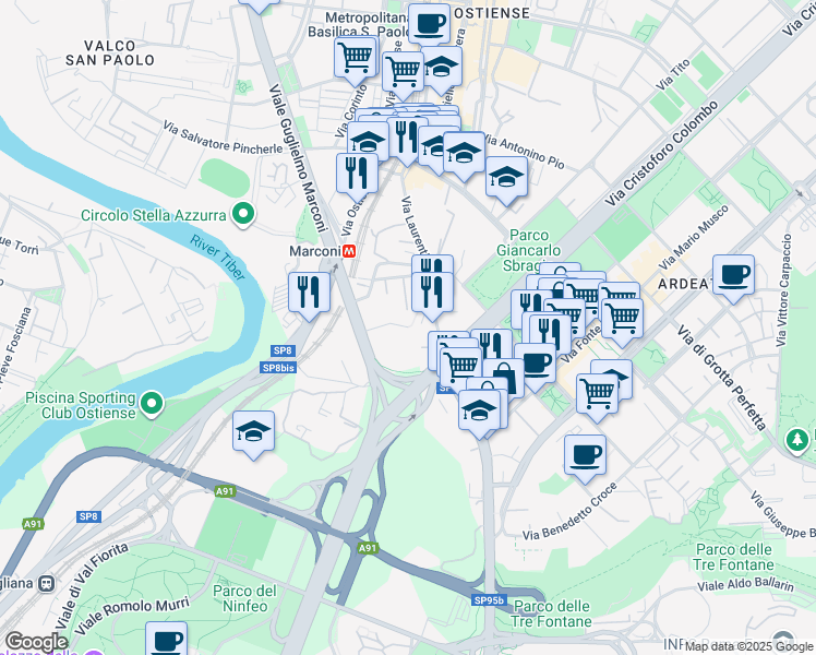 map of restaurants, bars, coffee shops, grocery stores, and more near 43 Via Gibilmanna in Roma