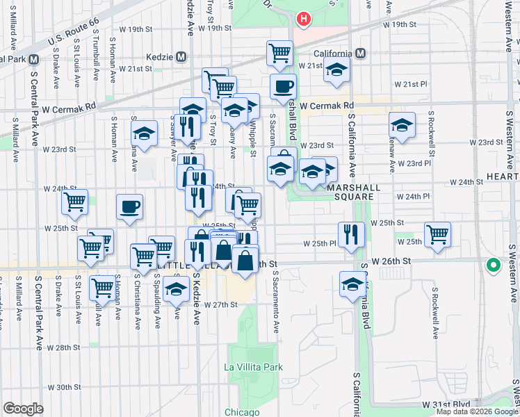 map of restaurants, bars, coffee shops, grocery stores, and more near 2440 South Sacramento Avenue in Chicago