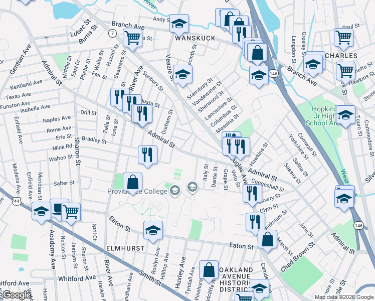 map of restaurants, bars, coffee shops, grocery stores, and more near 494 Admiral Street in Providence