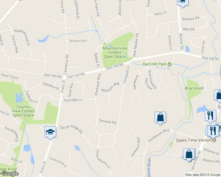 map of restaurants, bars, coffee shops, grocery stores, and more near 55 Madison Way in South Windsor