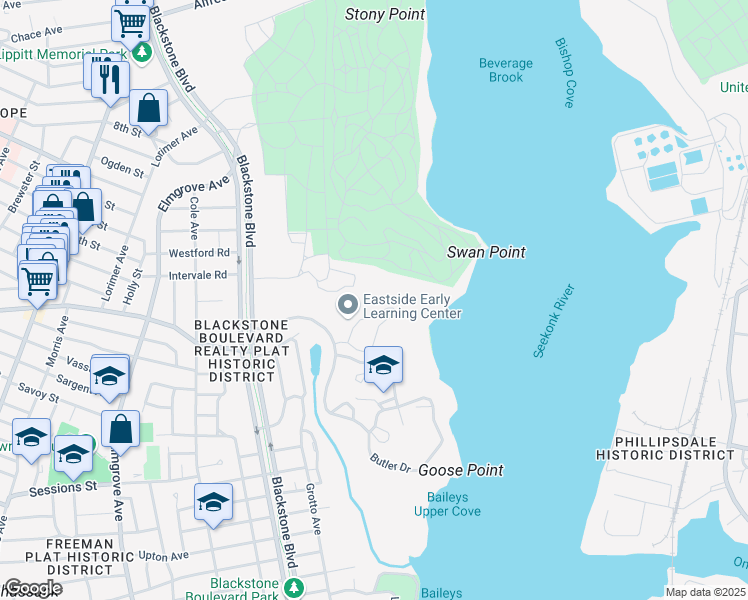 map of restaurants, bars, coffee shops, grocery stores, and more near 353 Blackstone Boulevard in Providence