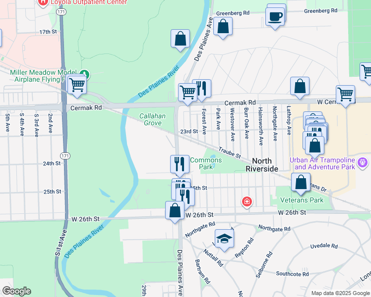 map of restaurants, bars, coffee shops, grocery stores, and more near 2331 Des Plaines Avenue in North Riverside