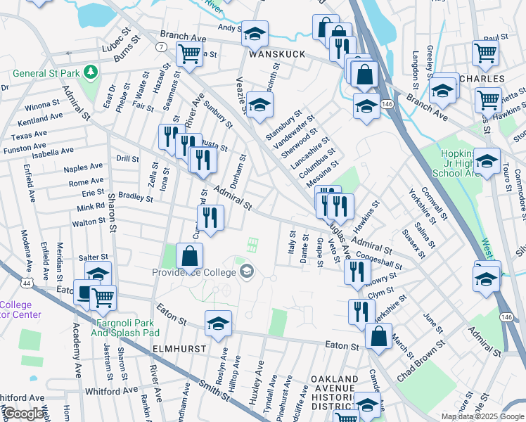 map of restaurants, bars, coffee shops, grocery stores, and more near 517 Admiral Street in Providence