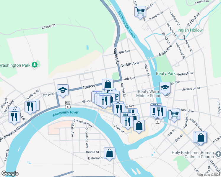 map of restaurants, bars, coffee shops, grocery stores, and more near 310 Liberty Street in Warren