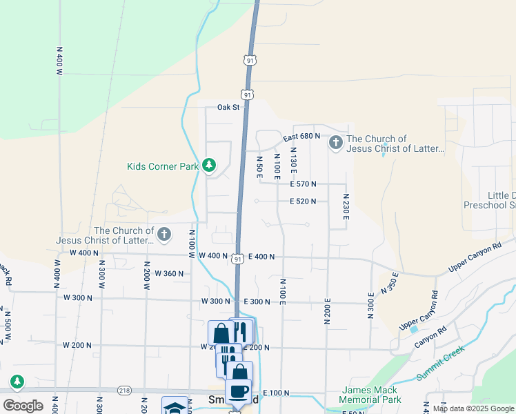 map of restaurants, bars, coffee shops, grocery stores, and more near 54 East 520 North in Smithfield