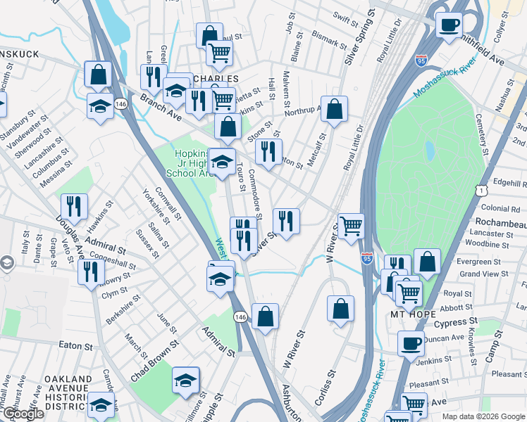 map of restaurants, bars, coffee shops, grocery stores, and more near 48 Commodore Street in Providence