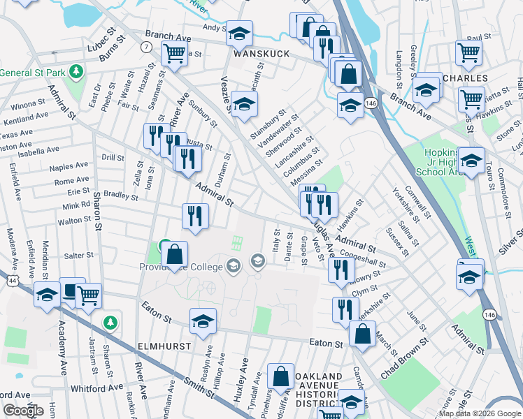 map of restaurants, bars, coffee shops, grocery stores, and more near 494 Admiral Street in Providence