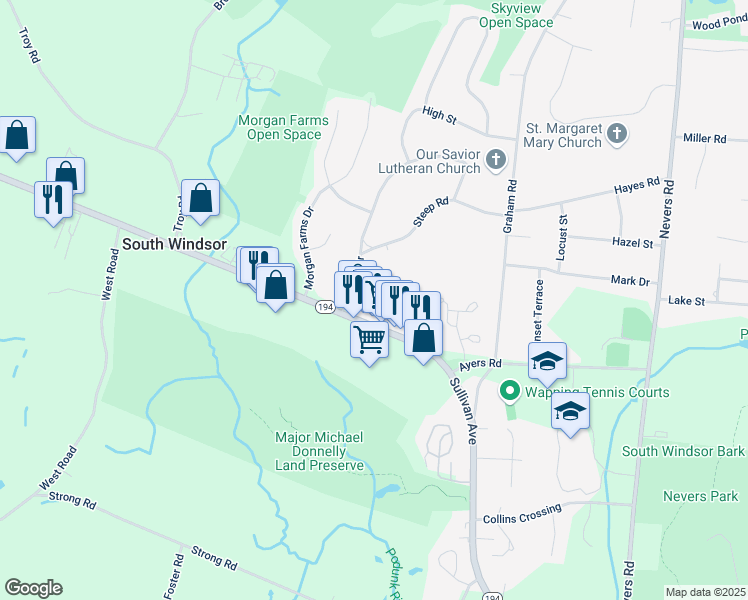 map of restaurants, bars, coffee shops, grocery stores, and more near 950 Sullivan Avenue in South Windsor