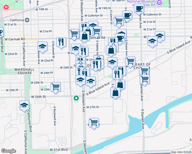 map of restaurants, bars, coffee shops, grocery stores, and more near 2324 West 25th Street in Chicago
