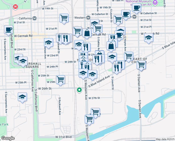 map of restaurants, bars, coffee shops, grocery stores, and more near 2453 South Western Avenue in Chicago