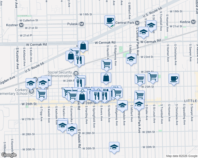 map of restaurants, bars, coffee shops, grocery stores, and more near 2428 South Avers Avenue in Chicago