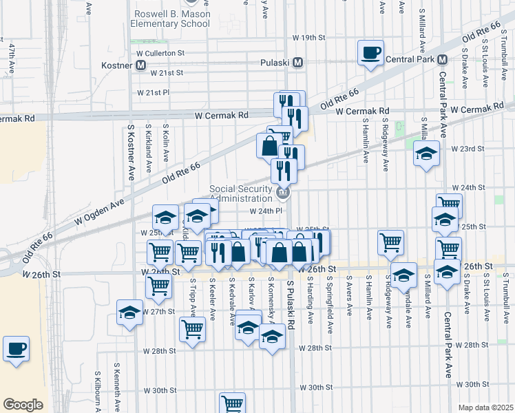 map of restaurants, bars, coffee shops, grocery stores, and more near 2425 South Karlov Avenue in Chicago