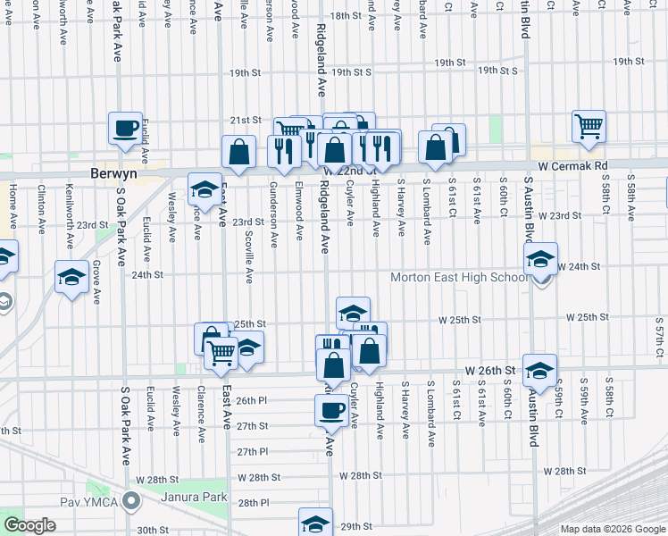map of restaurants, bars, coffee shops, grocery stores, and more near 2401 Ridgeland Avenue in Berwyn