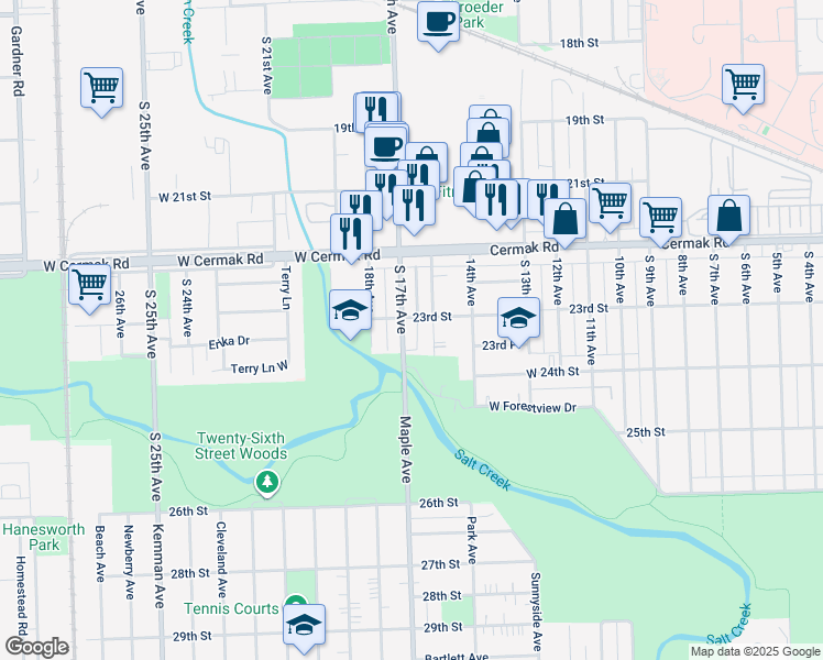 map of restaurants, bars, coffee shops, grocery stores, and more near 2317 South 17th Avenue in North Riverside