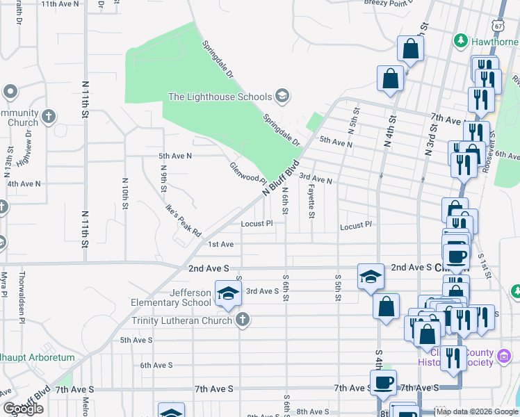map of restaurants, bars, coffee shops, grocery stores, and more near 227 North Bluff Boulevard in Clinton