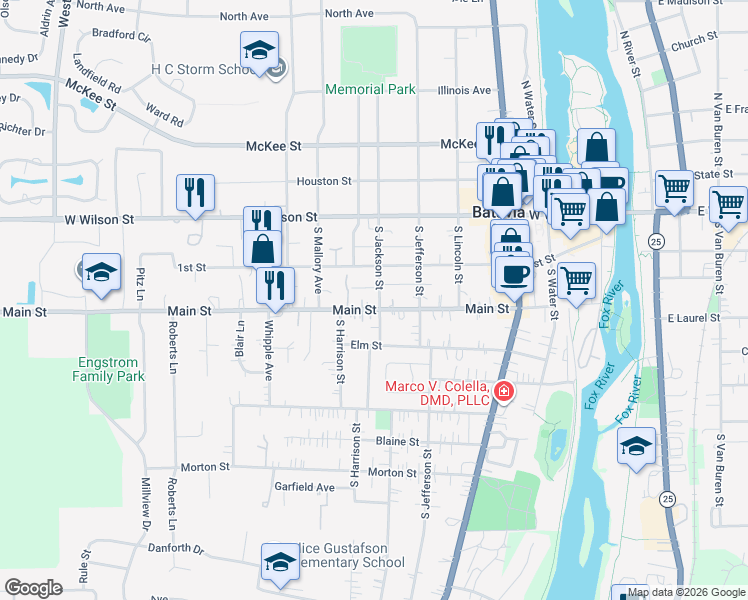 map of restaurants, bars, coffee shops, grocery stores, and more near 615 Main Street in Batavia