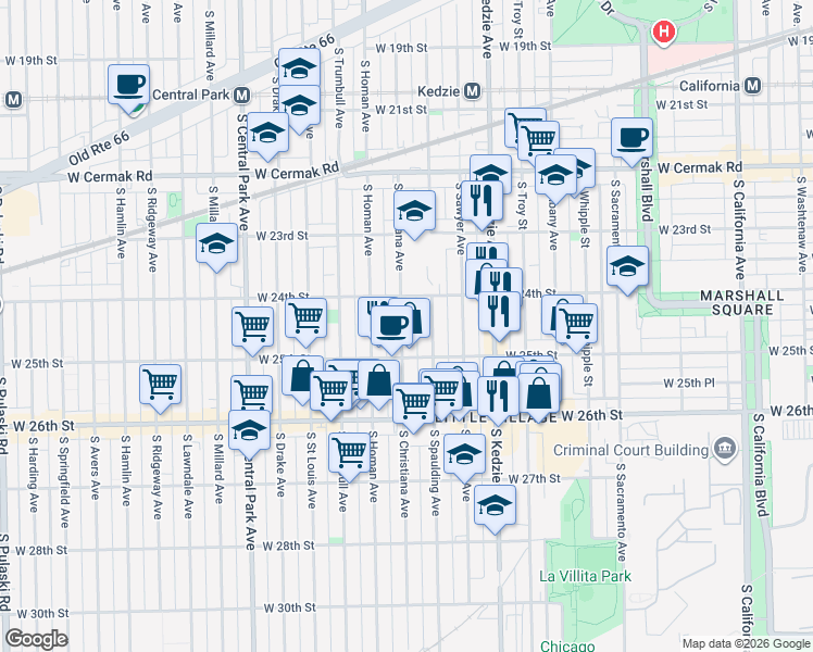 map of restaurants, bars, coffee shops, grocery stores, and more near 2434 South Spaulding Avenue in Chicago
