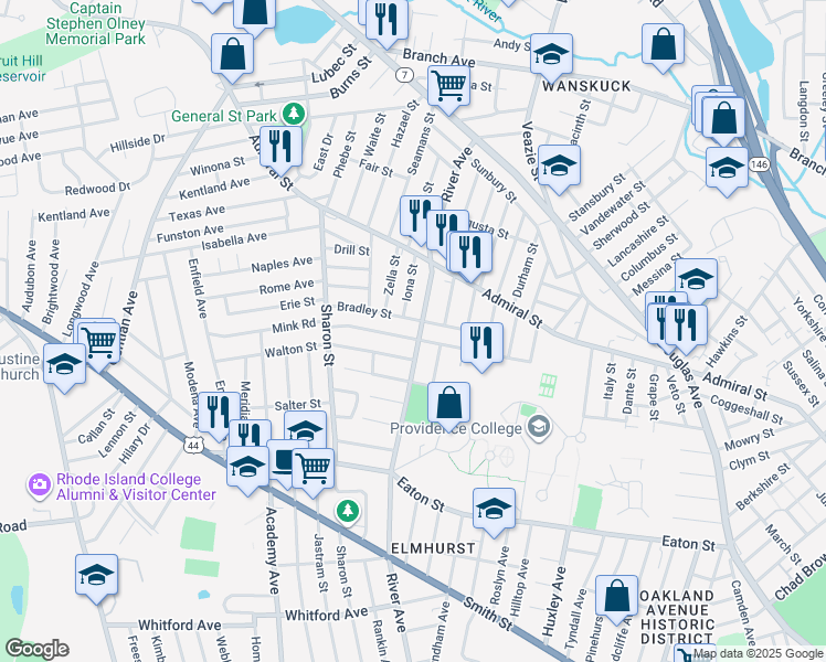 map of restaurants, bars, coffee shops, grocery stores, and more near 700 River Avenue in Providence