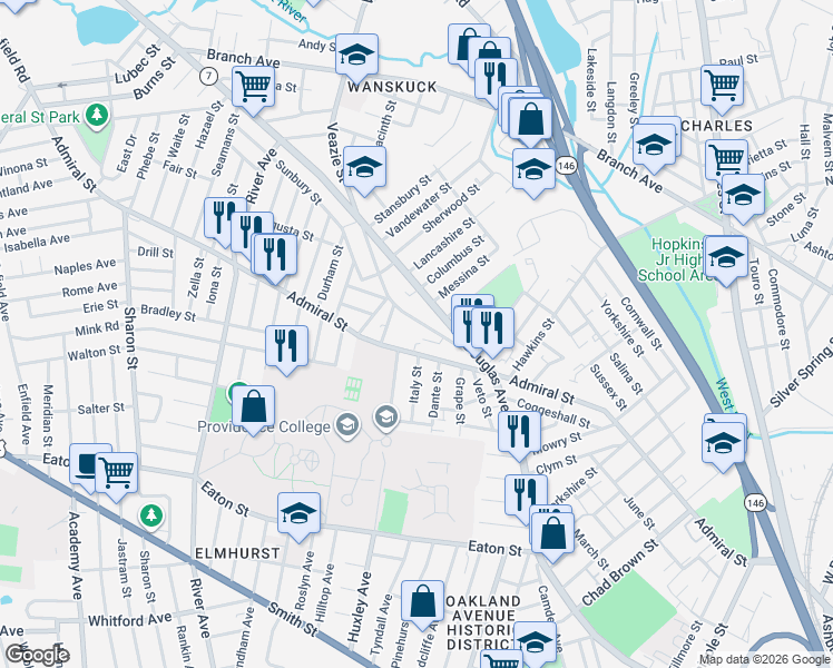map of restaurants, bars, coffee shops, grocery stores, and more near 22 Addeo Street in Providence